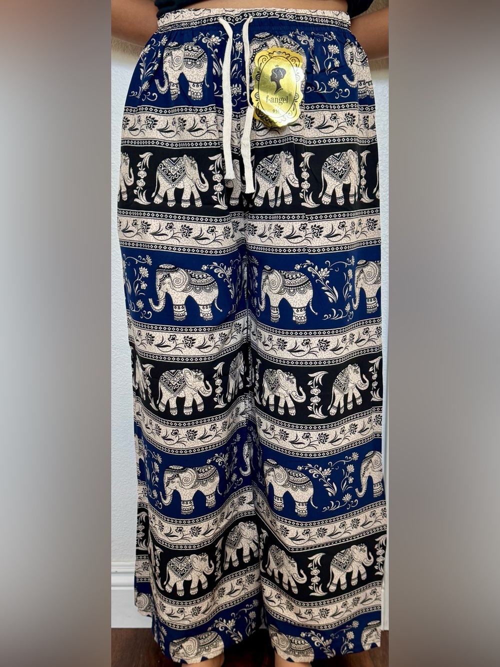 Blue and Black Elephant Print Wide-Leg Pants